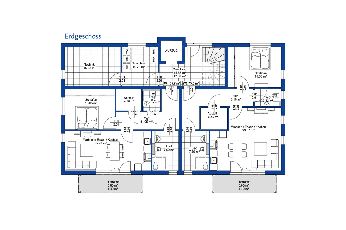 Grundriss des Erdgeschosses eines Mehrfamilienhauses